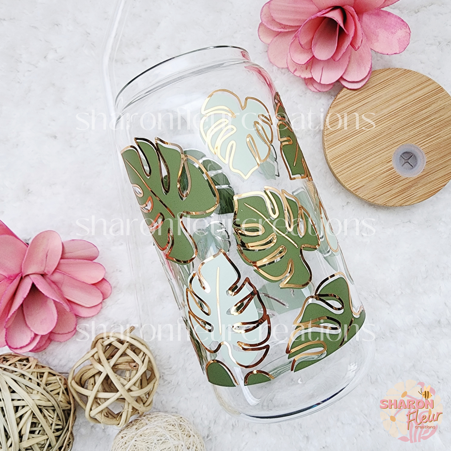 Green Monstera Glass Cup